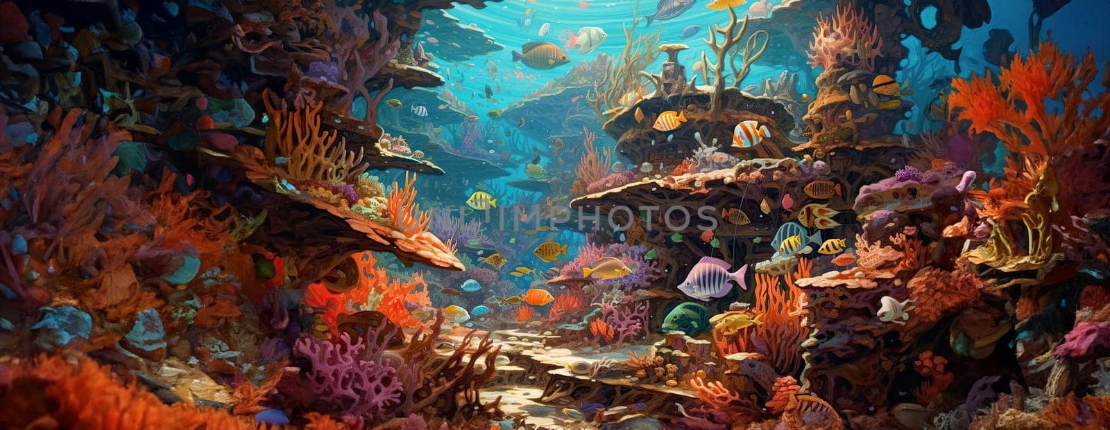 Tropical sea underwater fishes on coral reef. Aquarium oceanarium wildlife colorful marine panorama landscape nature snorkel diving. AI Generative