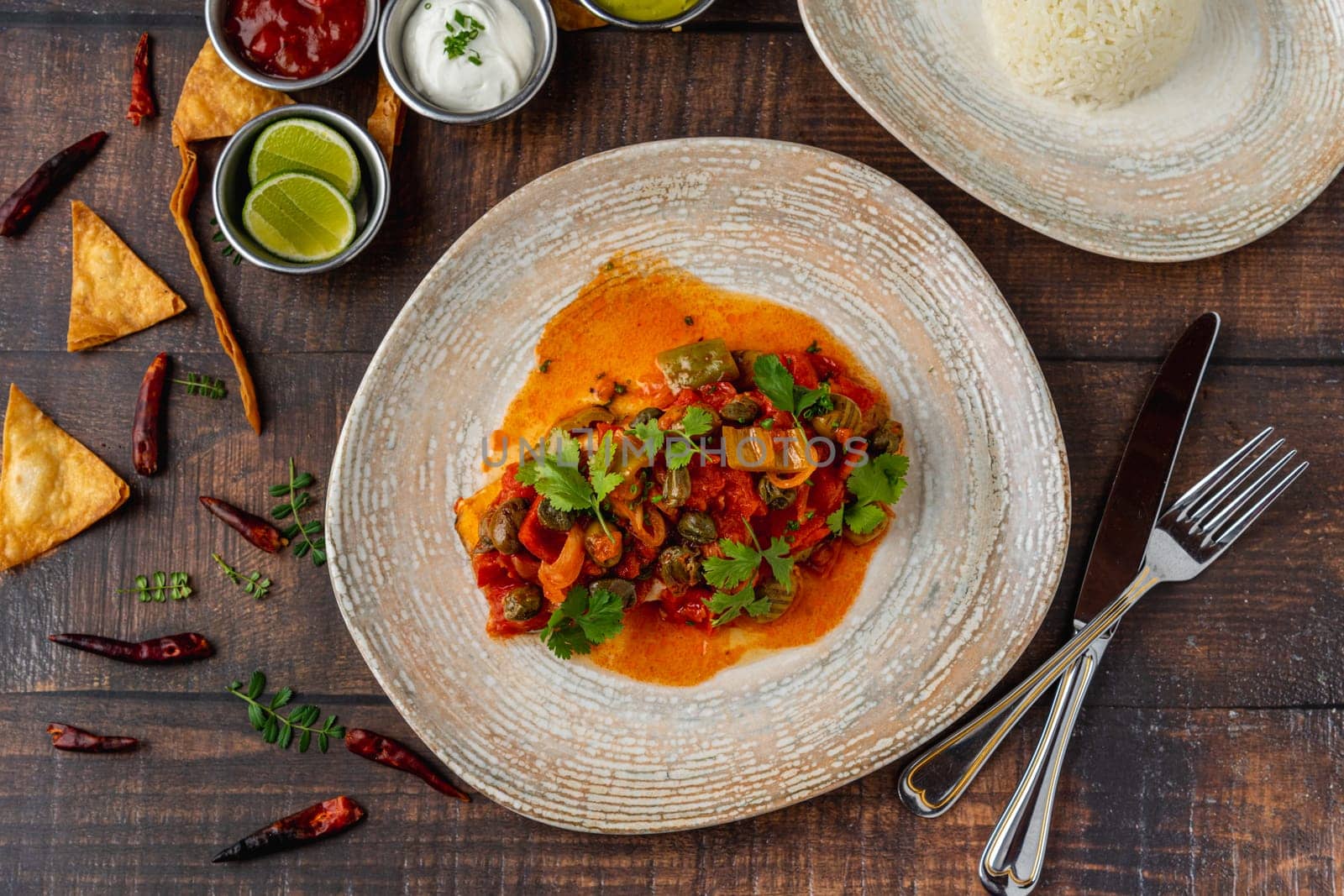 Mexican food huachinango a la veracruzana with sauces on wooden table