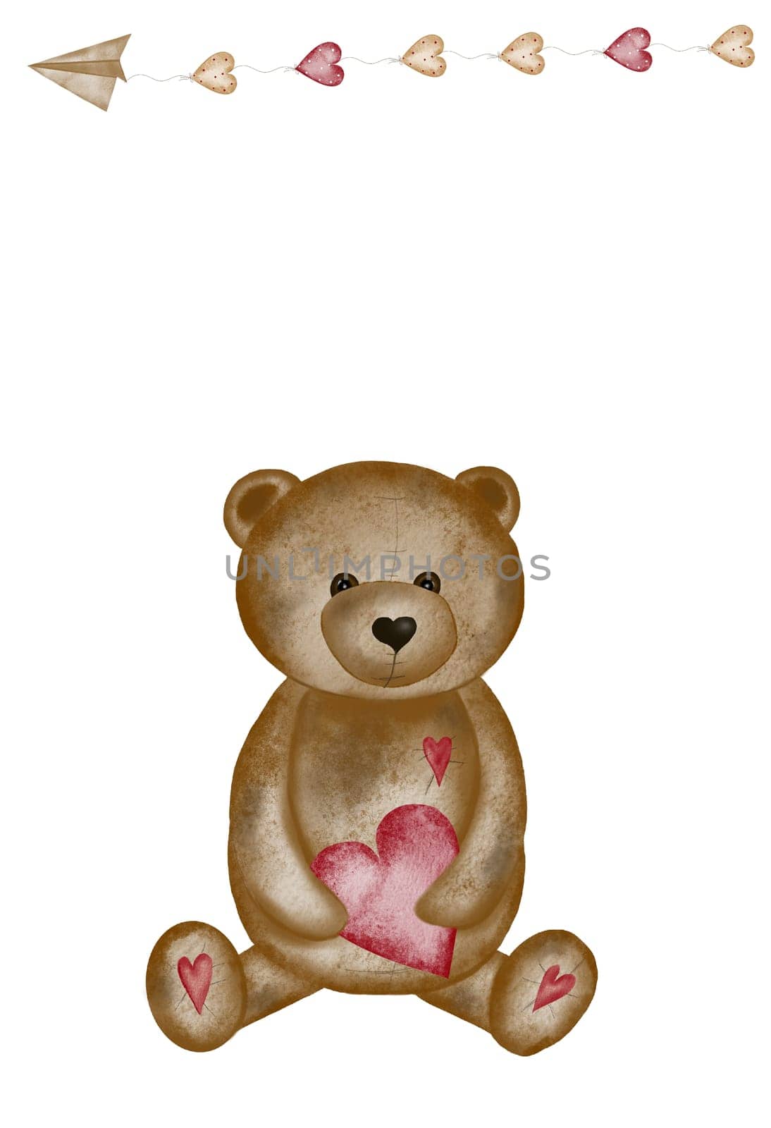 Watercolor drawing of a cute bear with a heart. Valentine's day card template with cute teddy bear. Holiday card for loved ones.