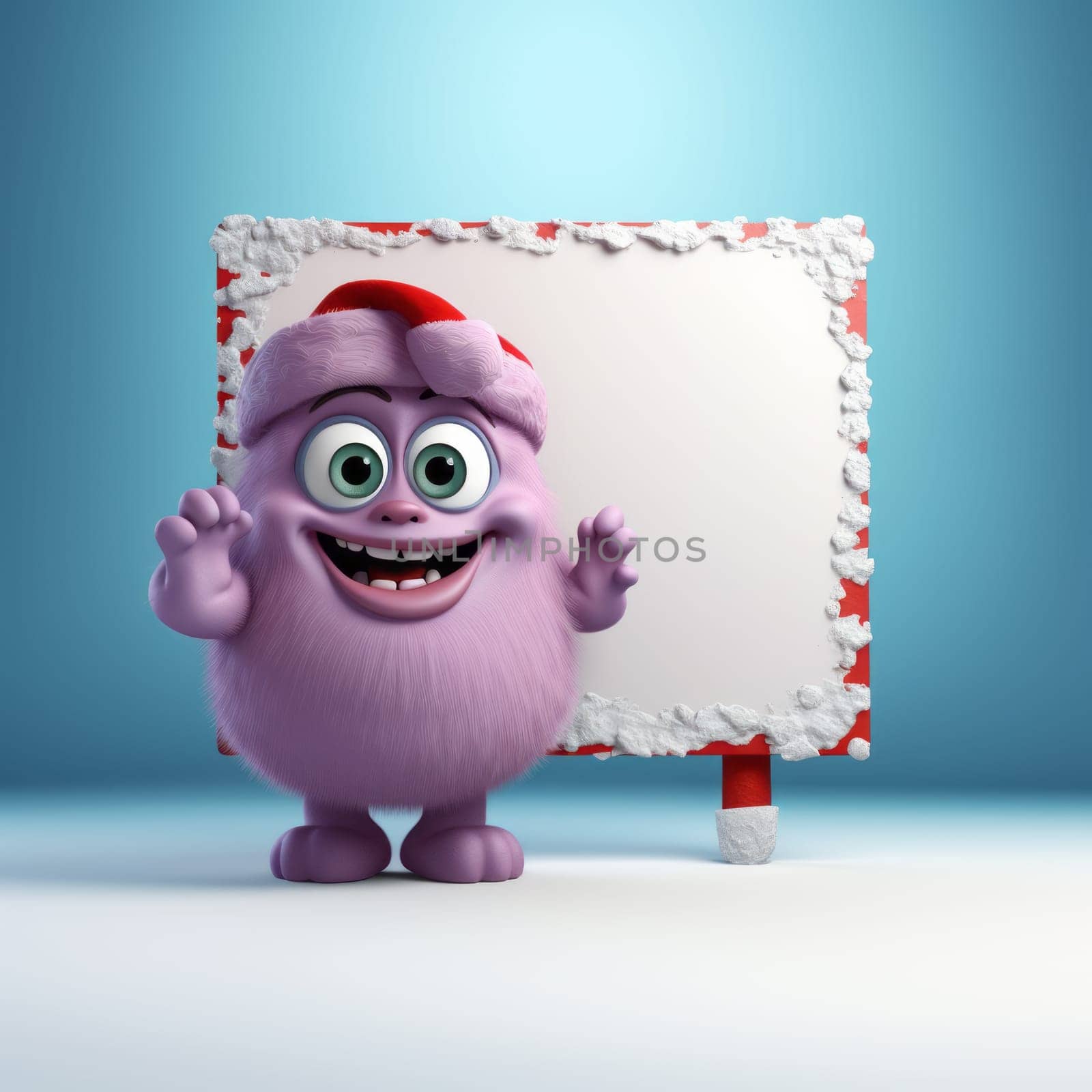 Cute purple monster in santa hat, standing near white blank banner, on blue background.Copy space