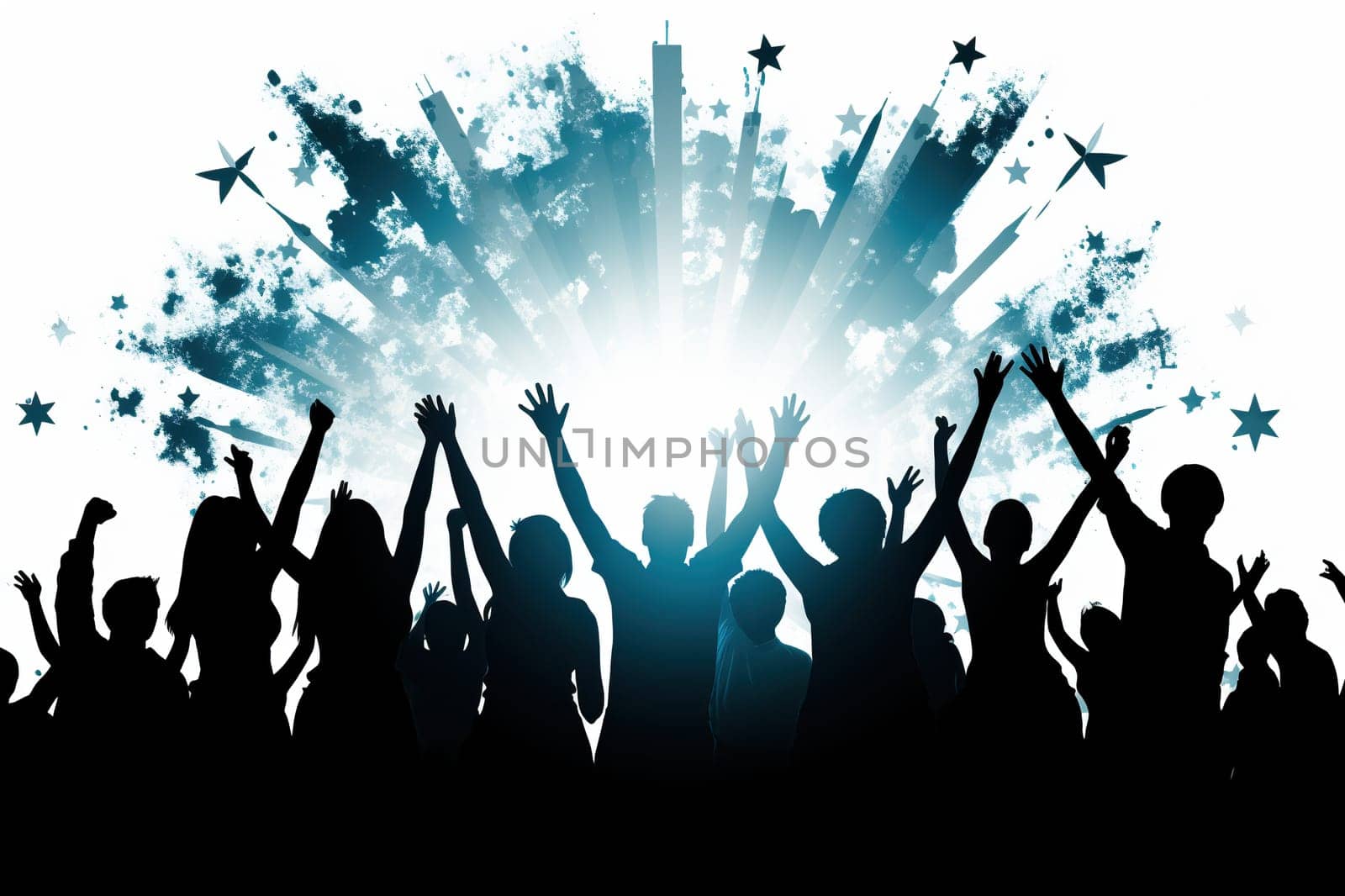 Silhouettes of people with their hands raised up. The concept of joy from victory.