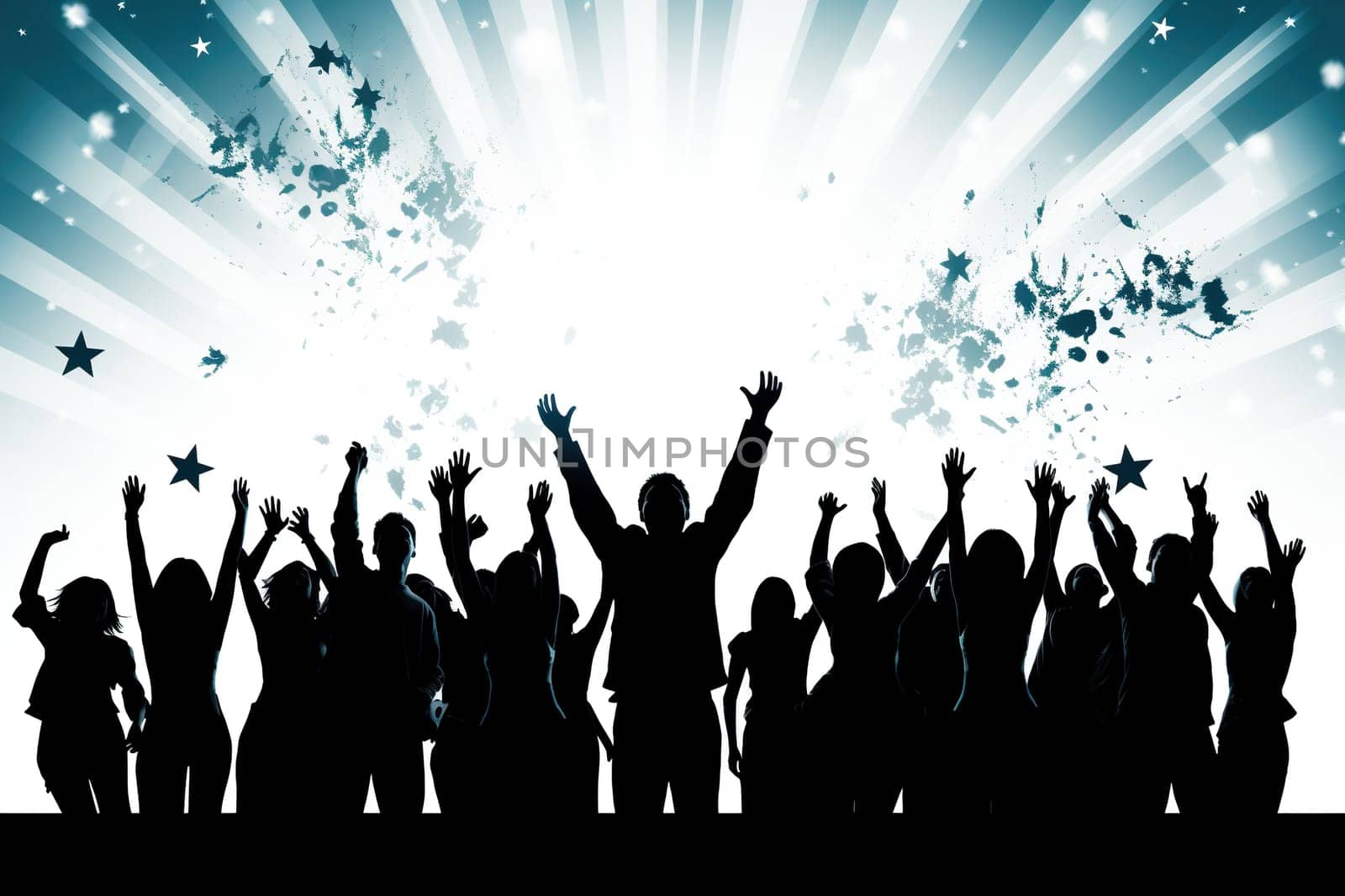 Silhouettes of people with their hands raised up. The concept of joy from victory.