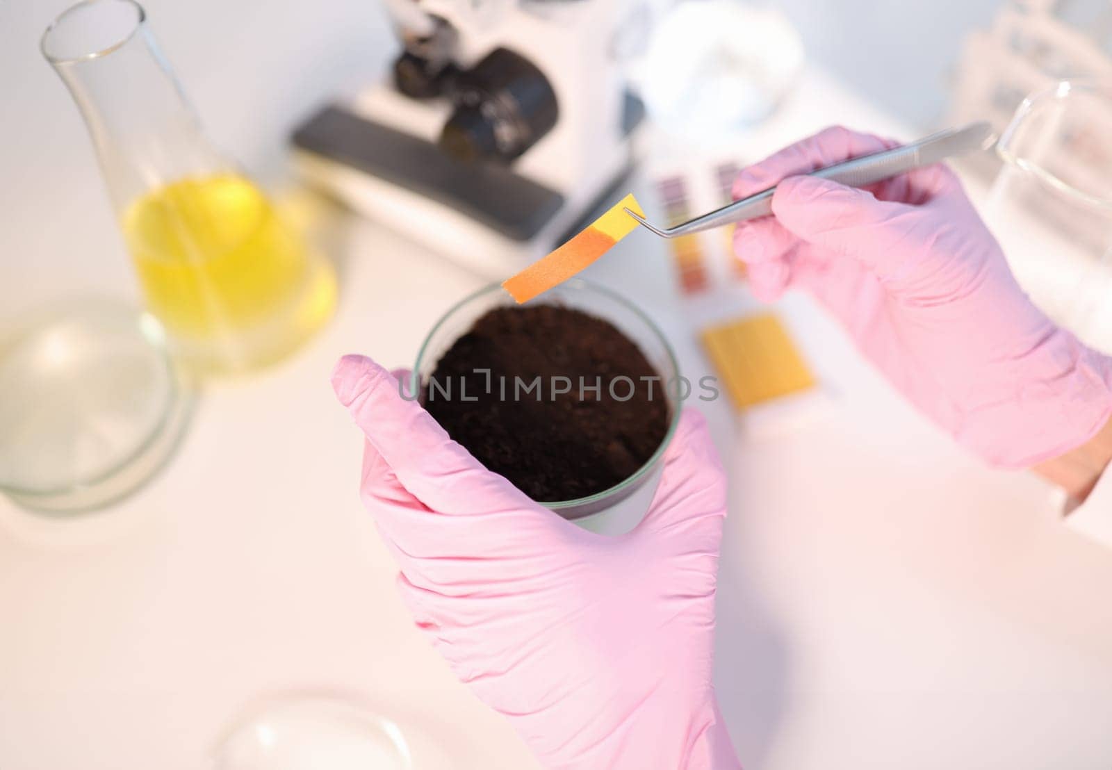 Laboratory analysis of soil contamination and test strip. Scientist measures pH of soil sample using litmus strips concept