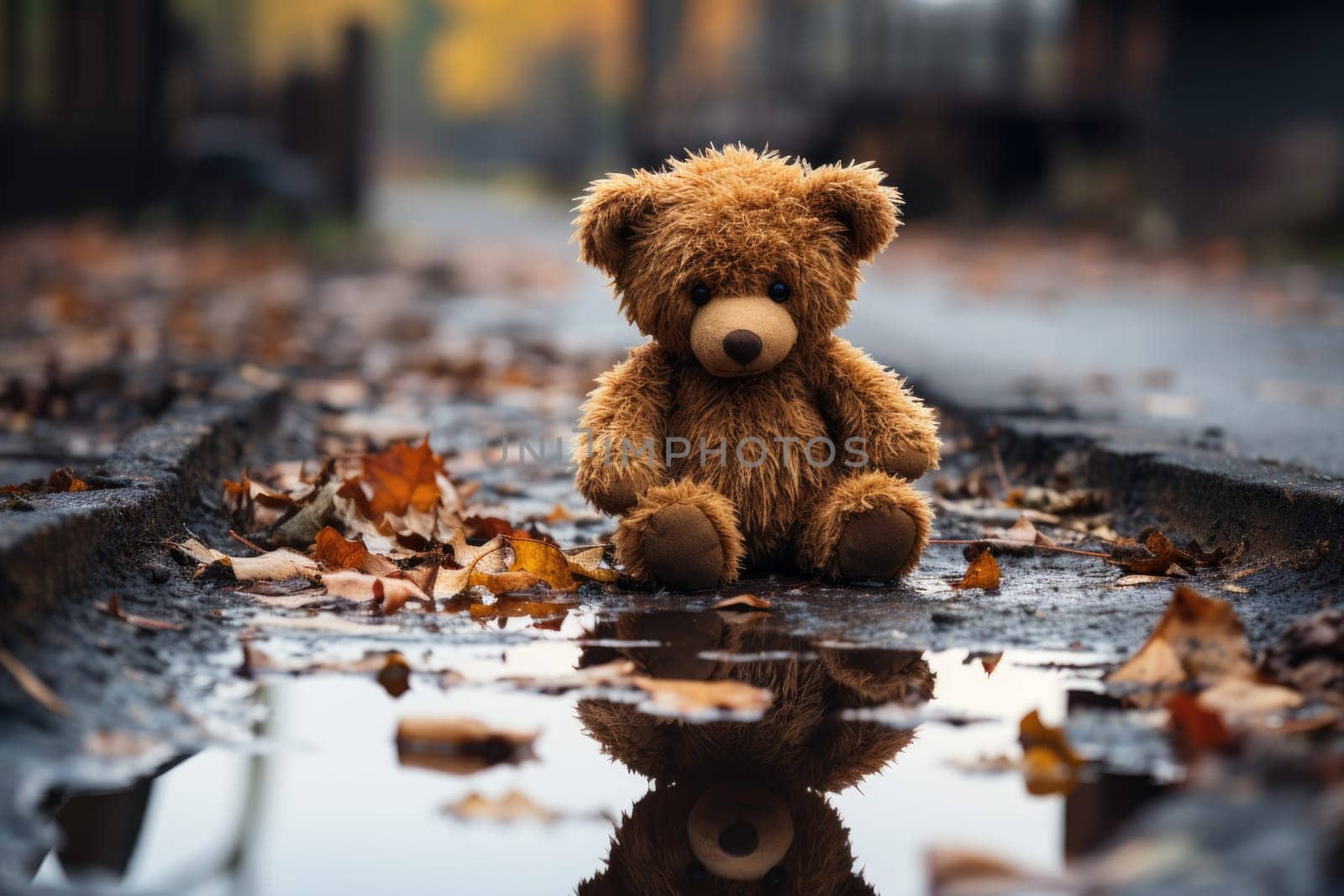 Conceptual image: loss childhood. Dirty teddy bear toy lies outdoors on the road as symbol of childrens loneliness. AI Generated
