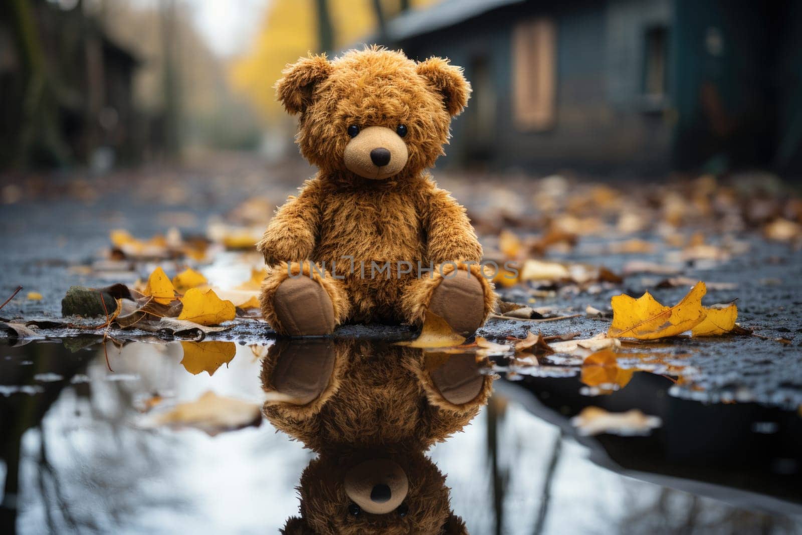 Conceptual image: loss childhood. Dirty teddy bear toy lies outdoors on the road as symbol of childrens loneliness. AI Generated