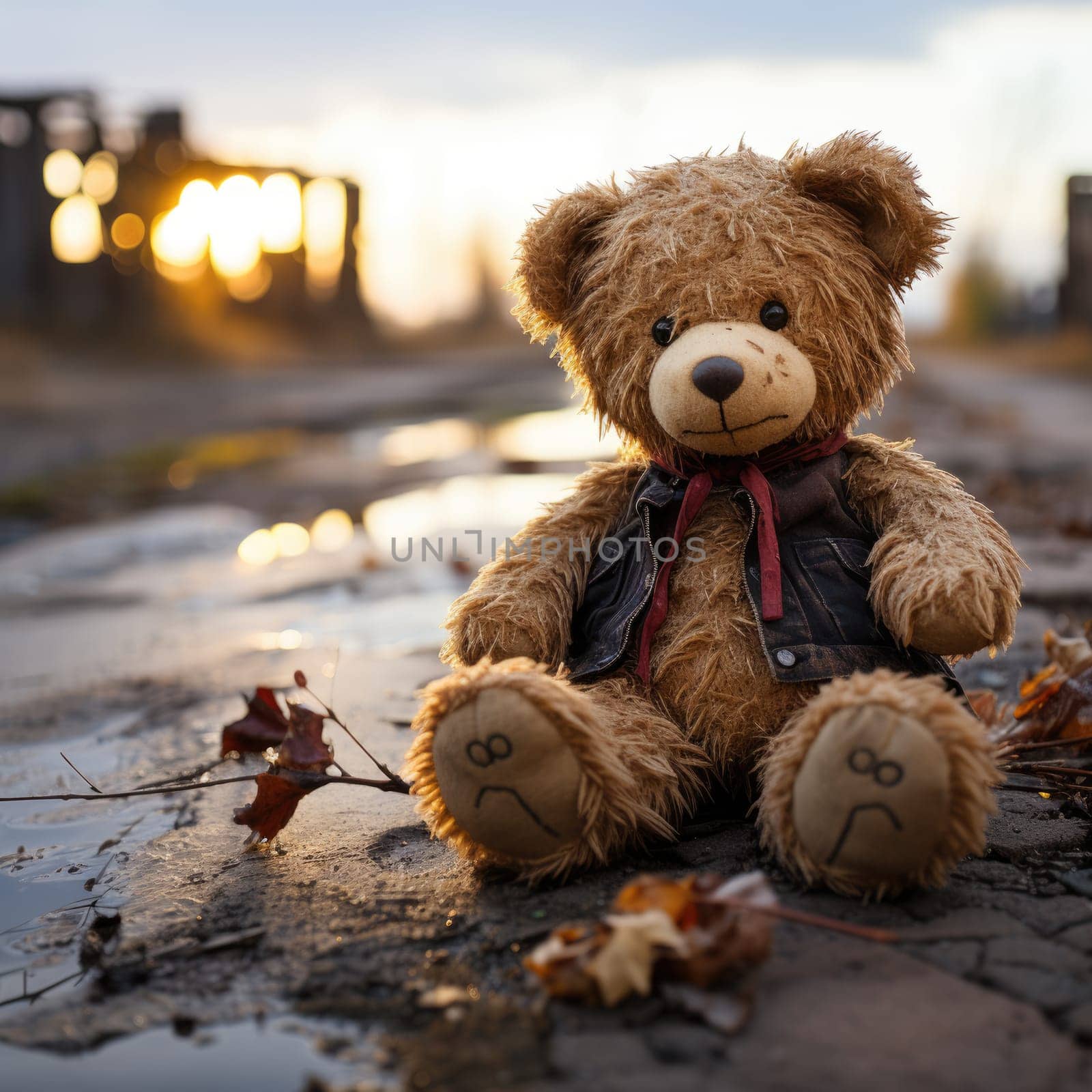 Conceptual image: loss childhood. Dirty teddy bear toy lies outdoors on the road as symbol of childrens loneliness. AI Generated