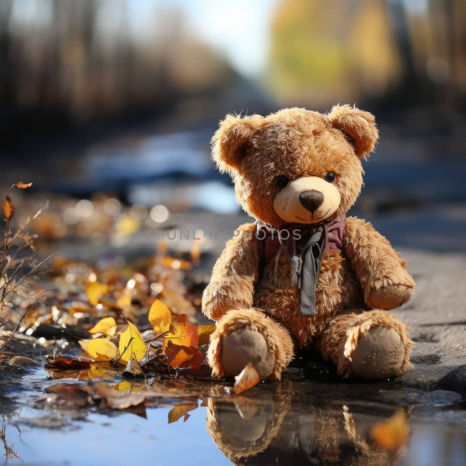 Dirty teddy bear toy lies outdoors on the road. AI Generated by Desperada
