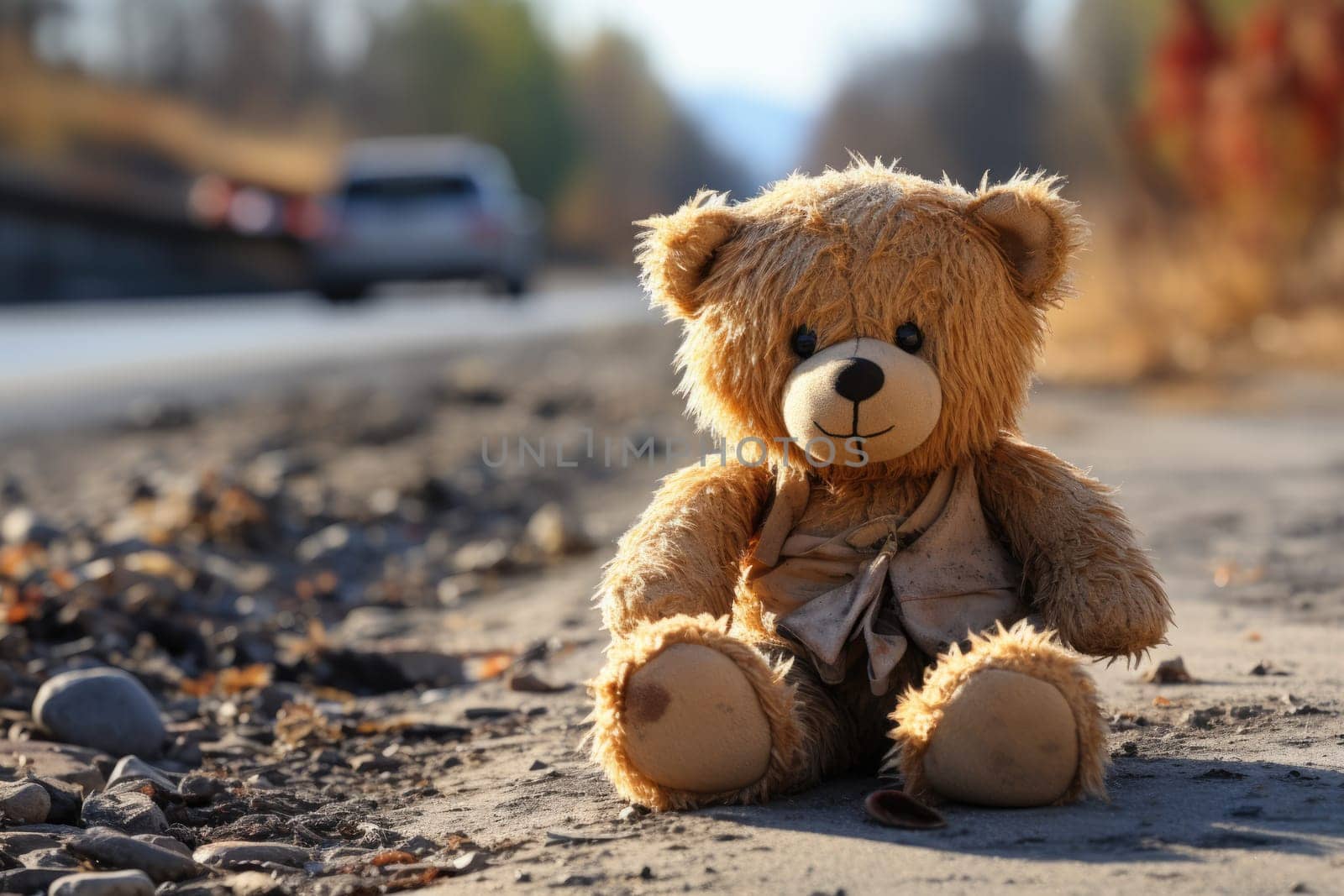 Conceptual image: loss childhood. Dirty teddy bear toy lies outdoors on the road as symbol of childrens loneliness. AI Generated