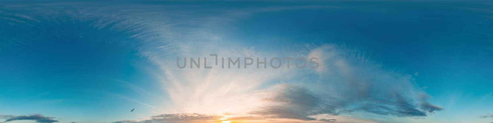 Sunset sky panorama with bright glowing pink Cumulus clouds. HDR 360 seamless spherical panorama. Full zenith or sky dome in 3D visualization, sky replacement for aerial drone panoramas. by panophotograph