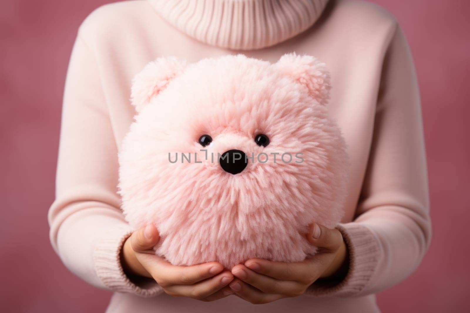 Cute pink teddy bear in hands on white background. AI Generated
