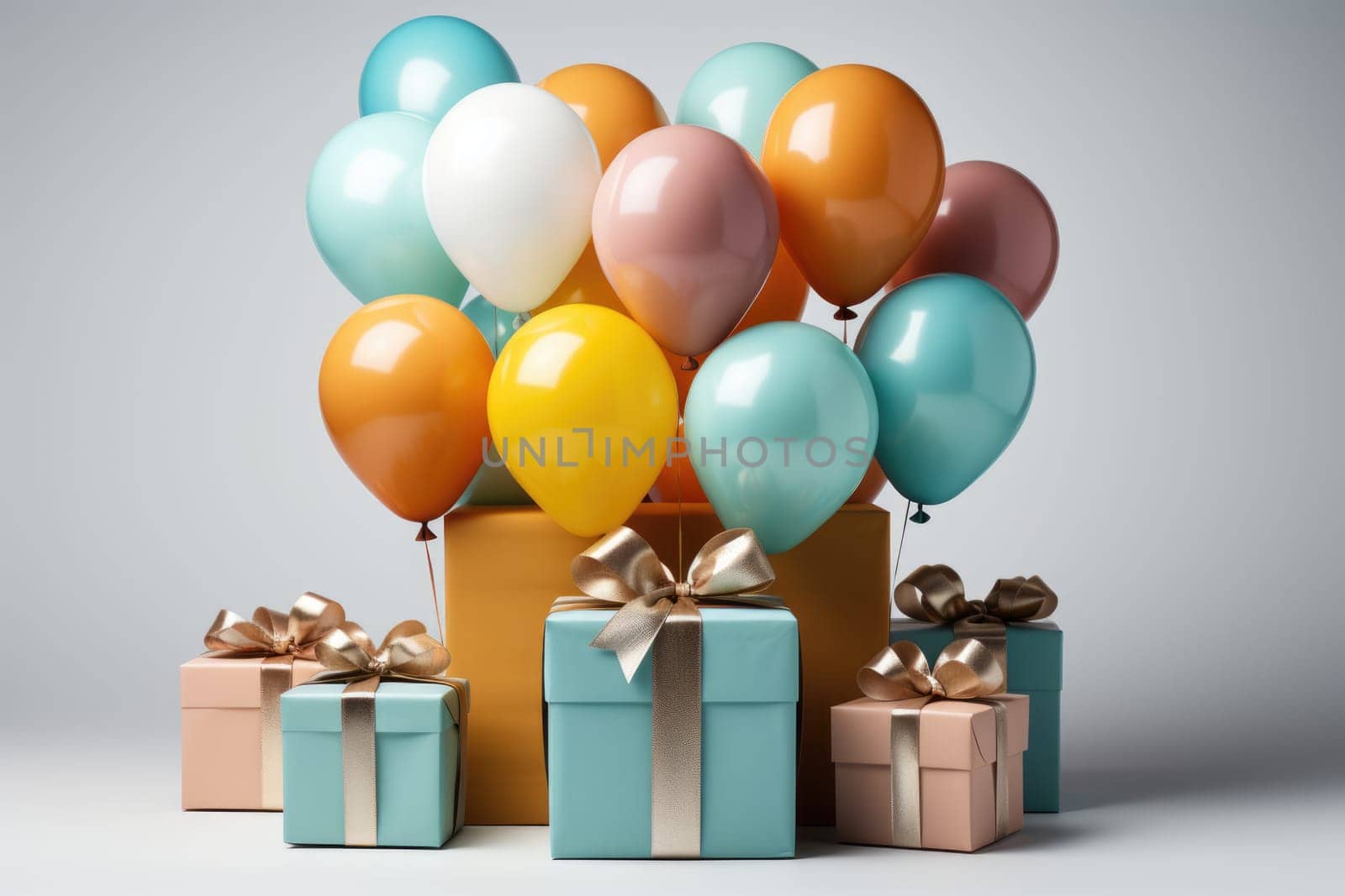 gift boxes and colorful balloons isolated on white background. AI Generated