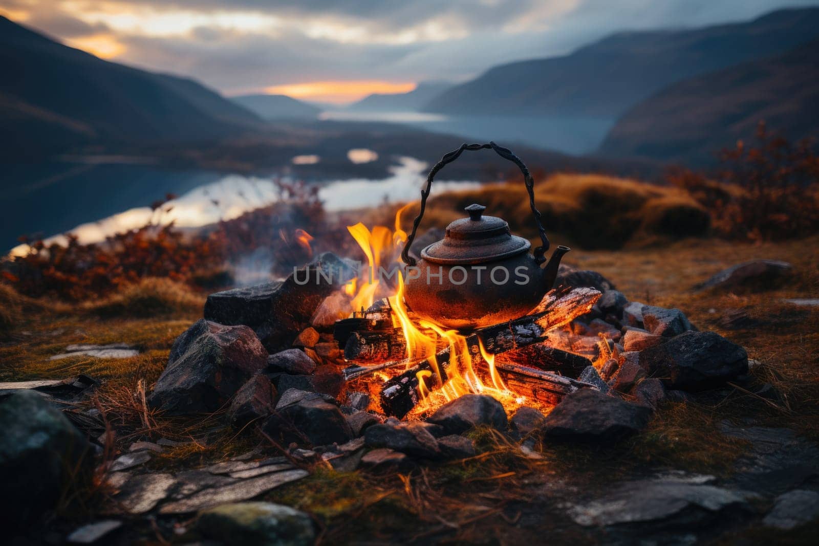 Small campfire with gentle flames beside a lake during a glowing sunset. boiling kettle for tea or coffee. AI Generated