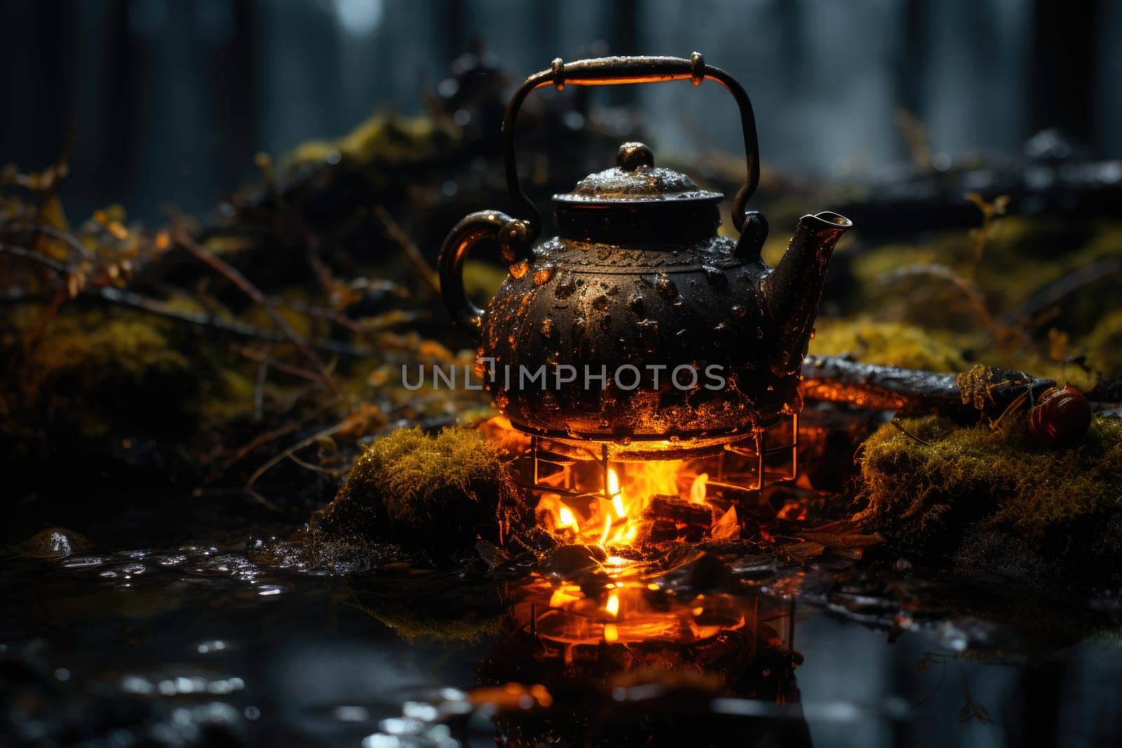 Small campfire with gentle flames beside a lake during a glowing sunset. boiling kettle for tea or coffee. AI Generated