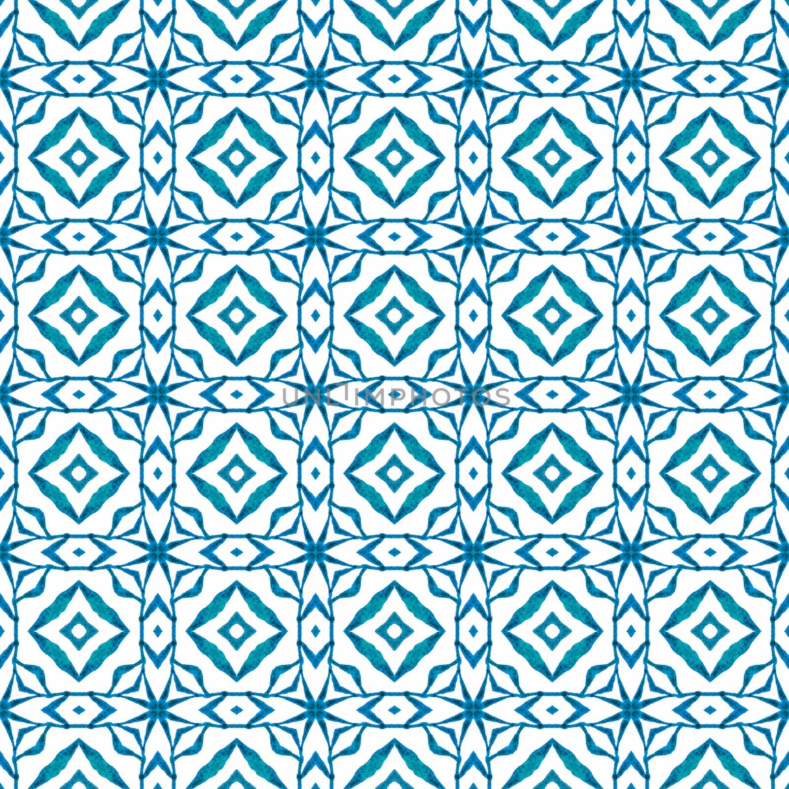 Textile ready delightful print, swimwear fabric, wallpaper, wrapping. Blue beautiful boho chic summer design. Hand painted tiled watercolor border. Tiled watercolor background.