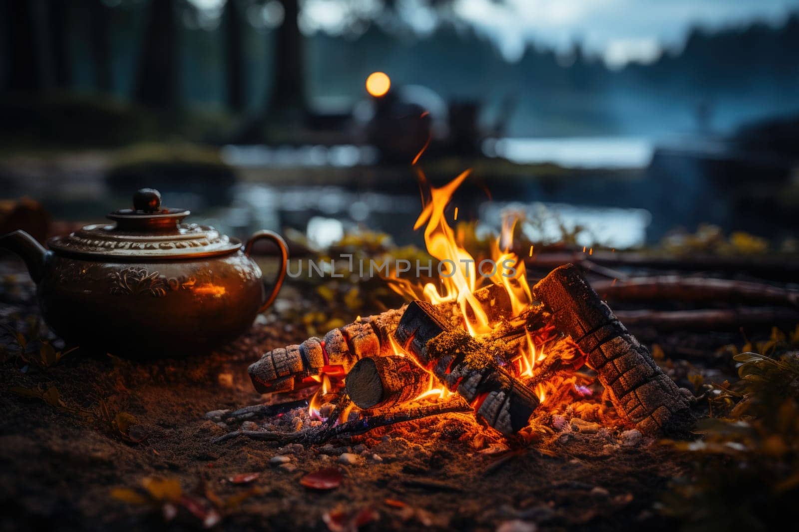 Small campfire with boiling kettle for tea or coffee. AI Generated by Desperada