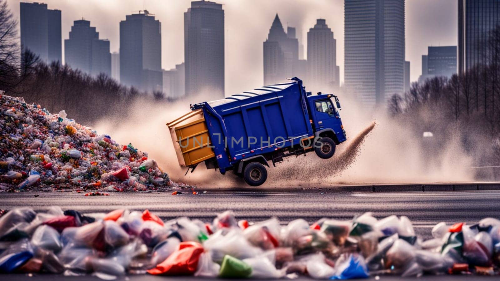 Garbage Truck full of trash, splashing liquids, panning, motion blurred speeding fast drive, drifting, cityscape, raining, cityscape, city servicce waste management service