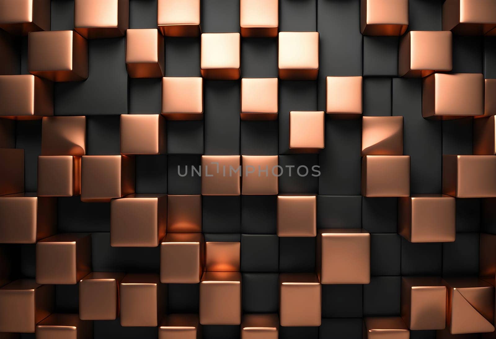 a wall with a large number of 3D squares, in copper shades abstract painting cubism, cubism, black background, mystical light by rostik924