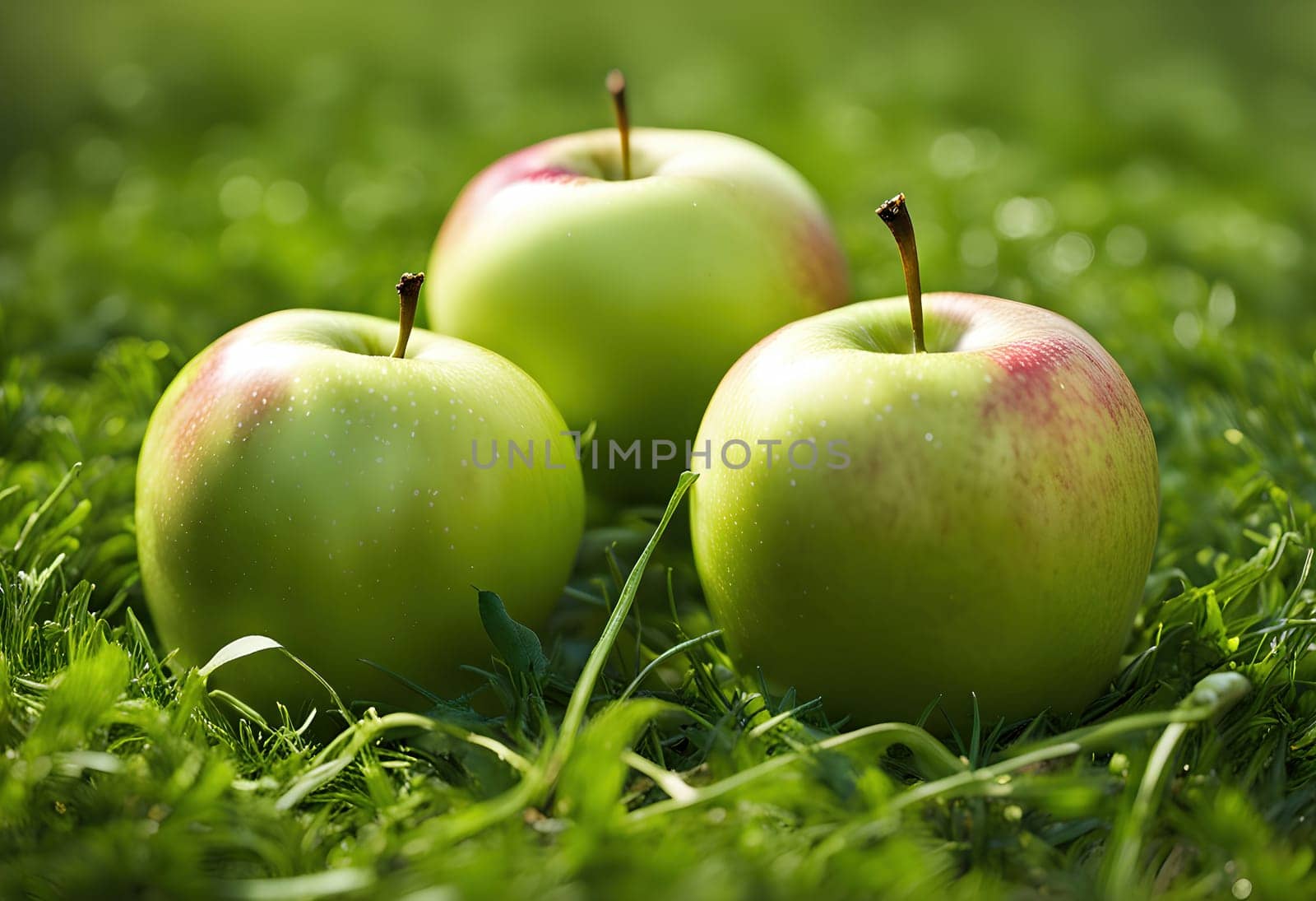 Fresh apples sit quietly on the grass. Generate AI
