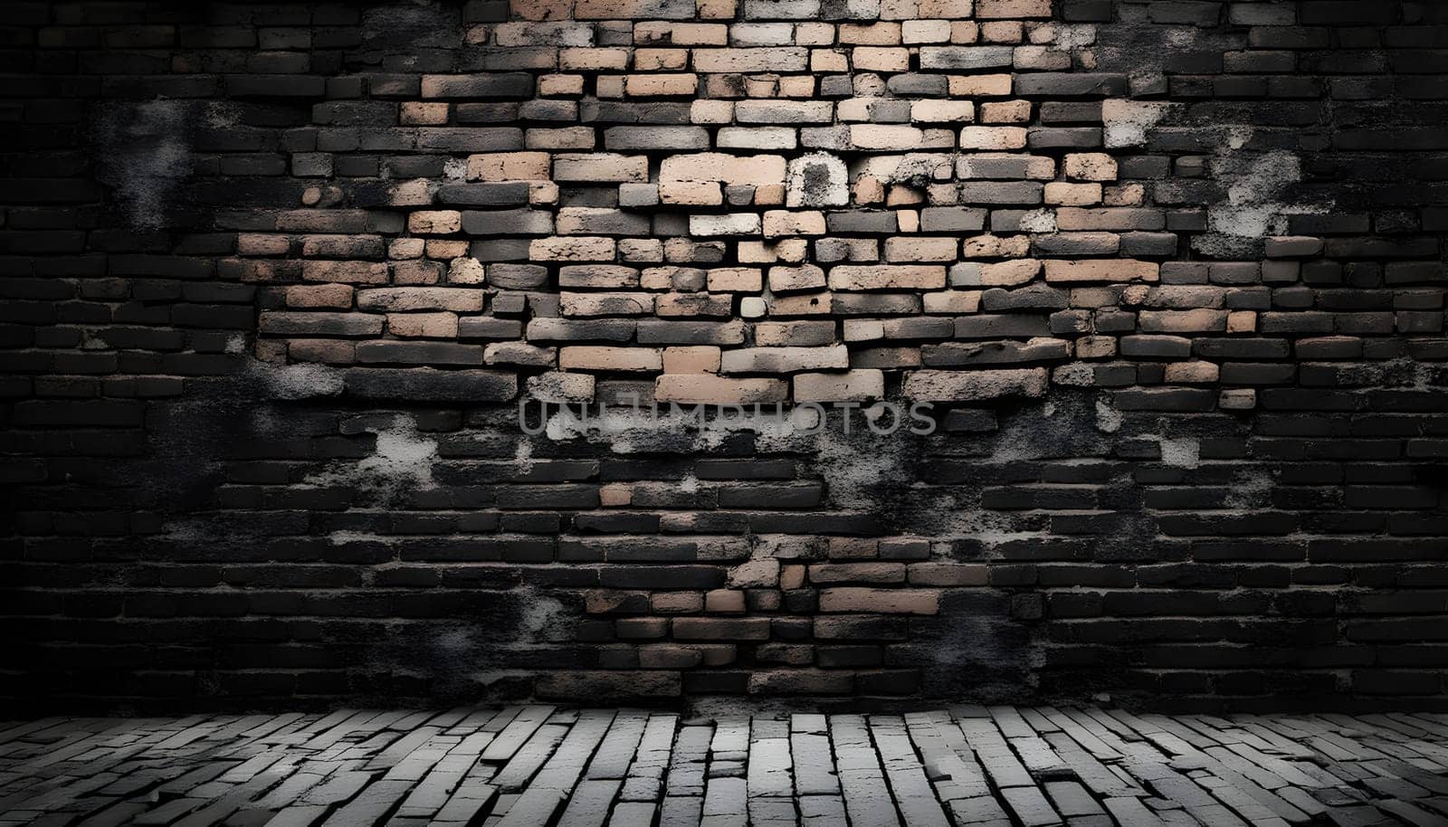 old brick wall with grungy effect, minimalism, matte background, wallpaper, old chipped black bricks, light in the middle Generate AI