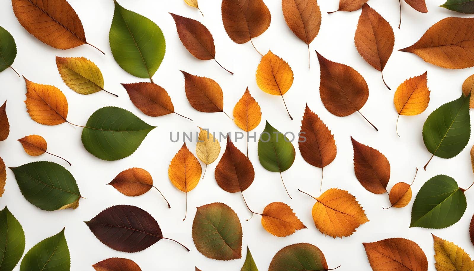 pattern of leaves lying on the ground, high close-up of leaves scattered on a white background Generate AI