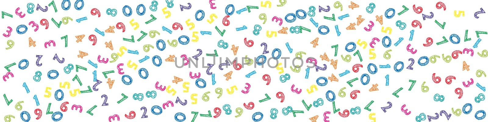 Falling colorful sketch numbers. Math study concept with flying digits. Great back to school mathematics banner on white background. Falling numbers illustration.