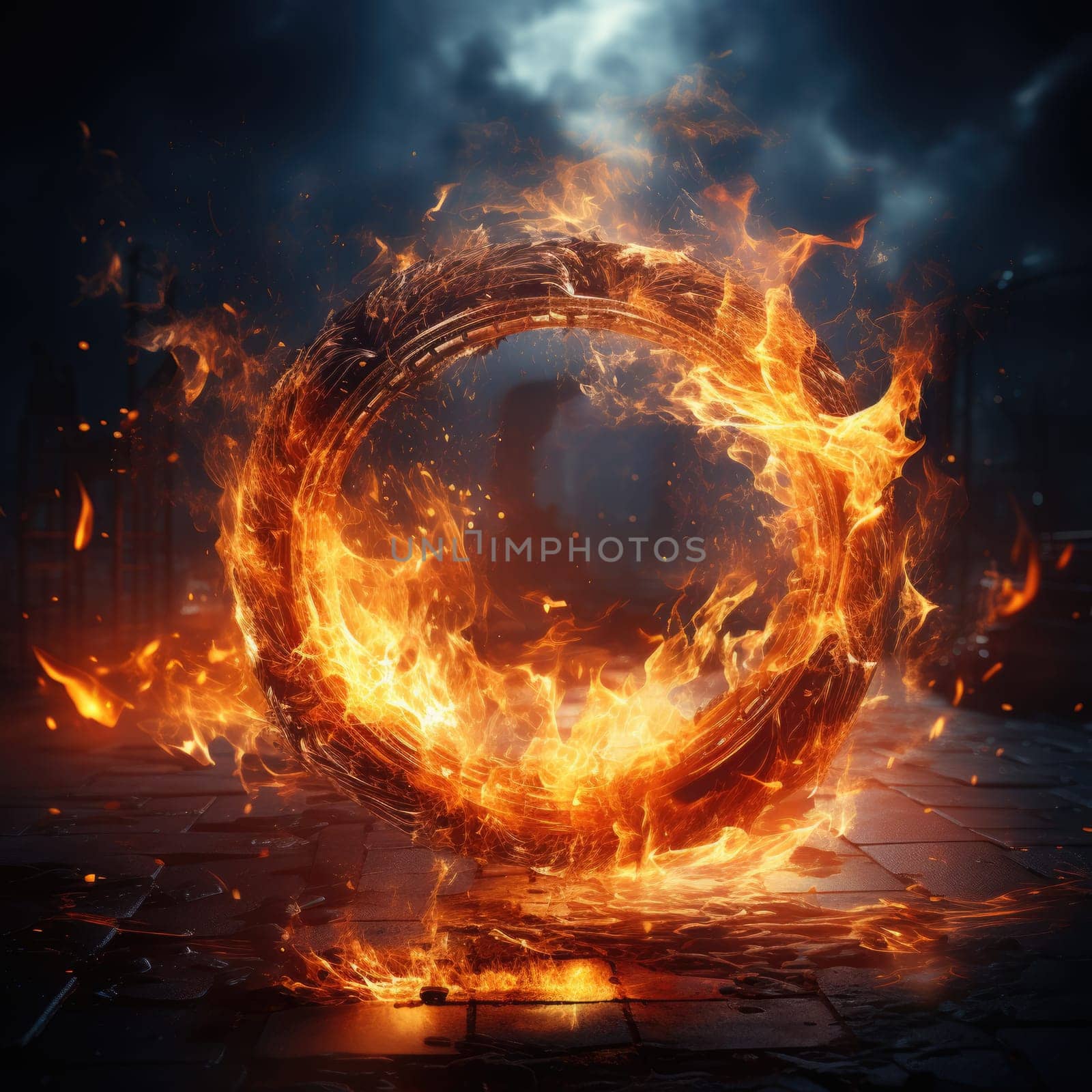 Fire circle with free space for text. isolated on black background. AI Generated
