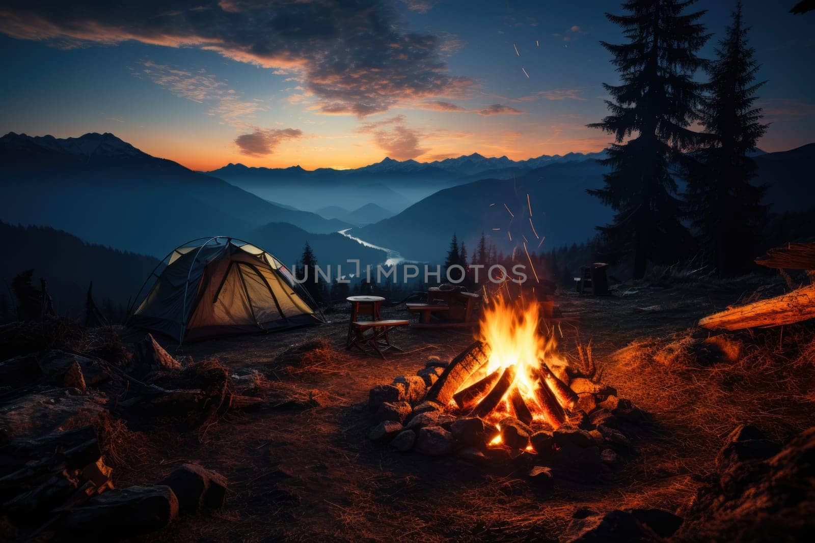 fire and the tent in a pine forest. Camping, recreation, hiking. AI Generated