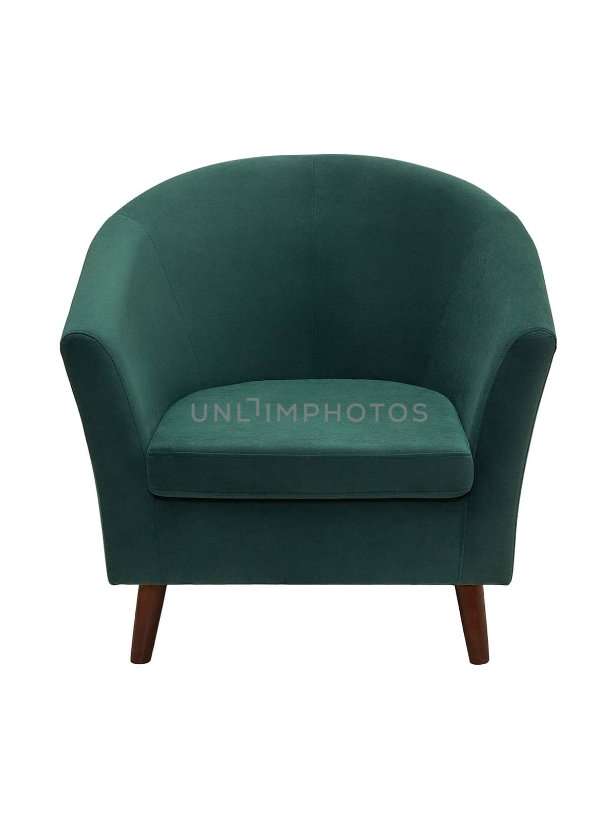 modern green fabric armchair with wooden legs isolated on white background, front view.