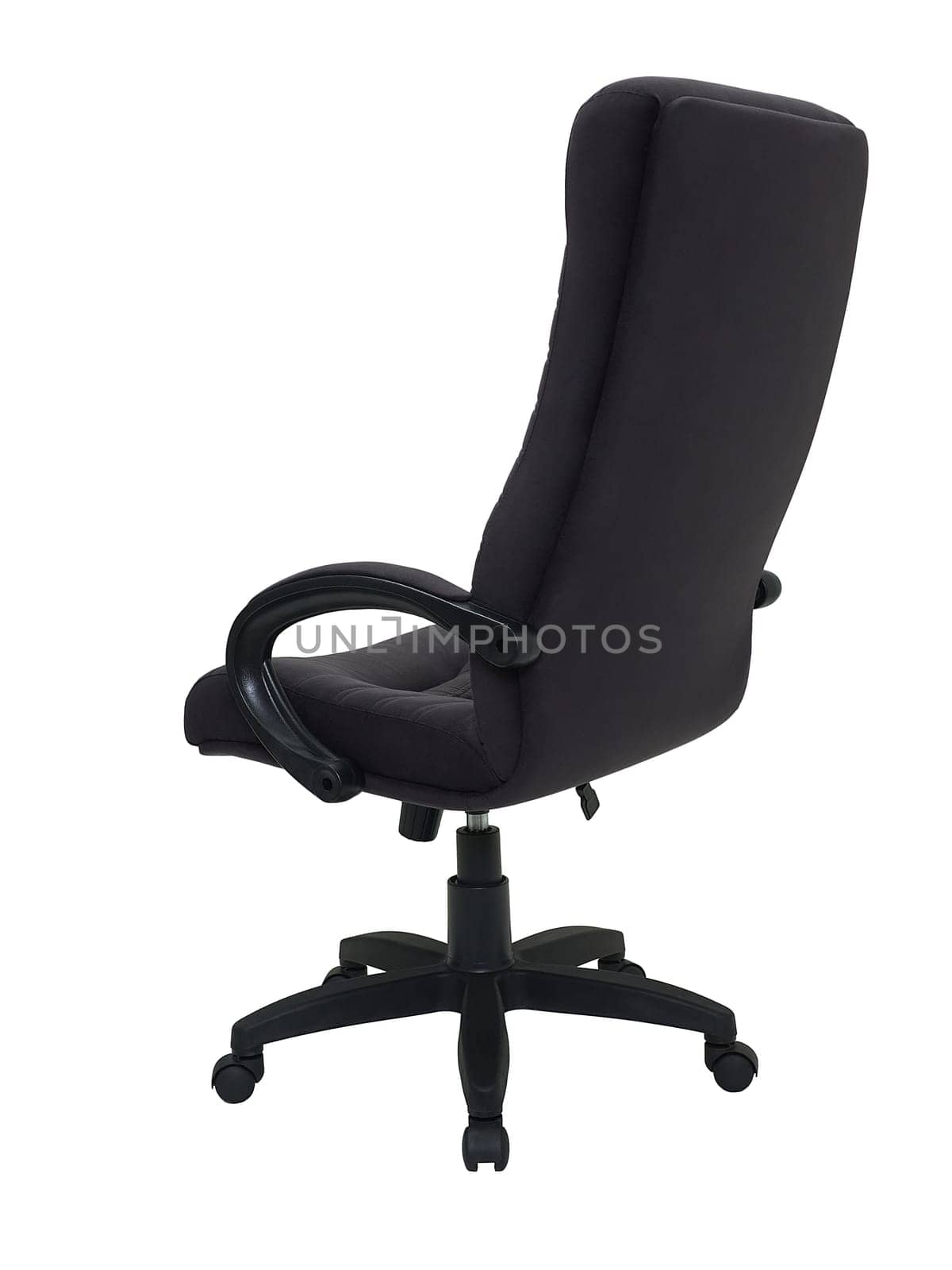 black fabric armchair on wheels isolated on white background, back view. modern furniture in minimal style, interior, home design