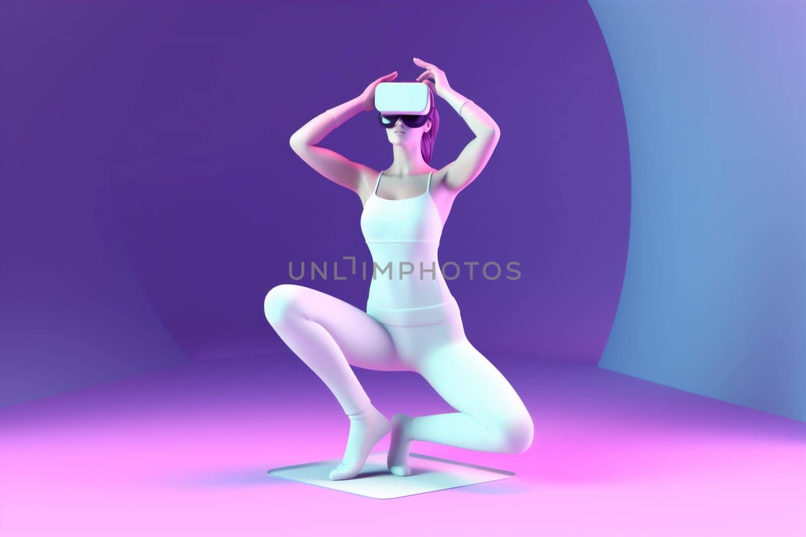 neon woman black game metaverse virtual smart vr glasses freedom three-dimensional purple headset technology entertainment floating sport digital reality connect innovation. Generative AI.