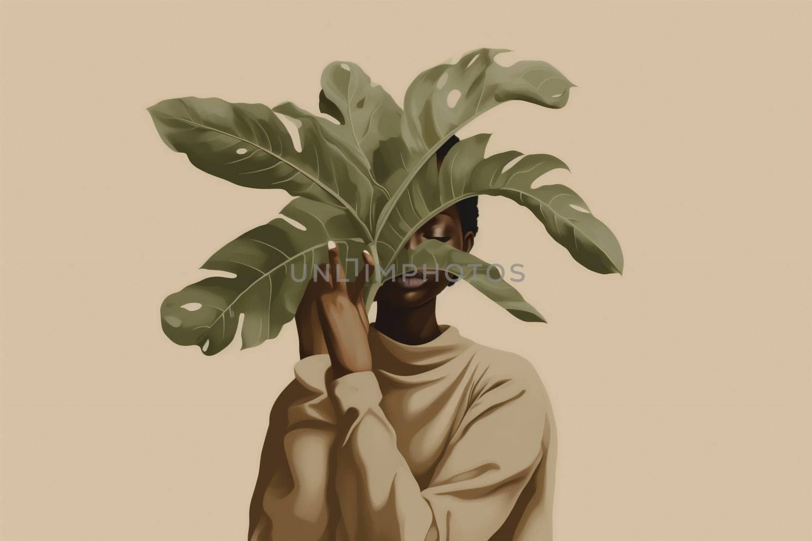 abstract woman leaf beige print design fashion poster art trendy palm. Generative AI. by Vichizh