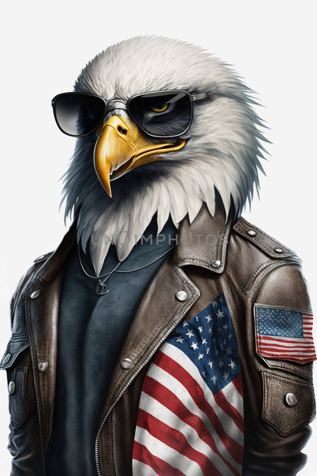 Iconic American Symbol: Patriotic Eagle sporting a sleek black leather jacket and stylish sunglasses, proudly displaying the American Flag of the United States.