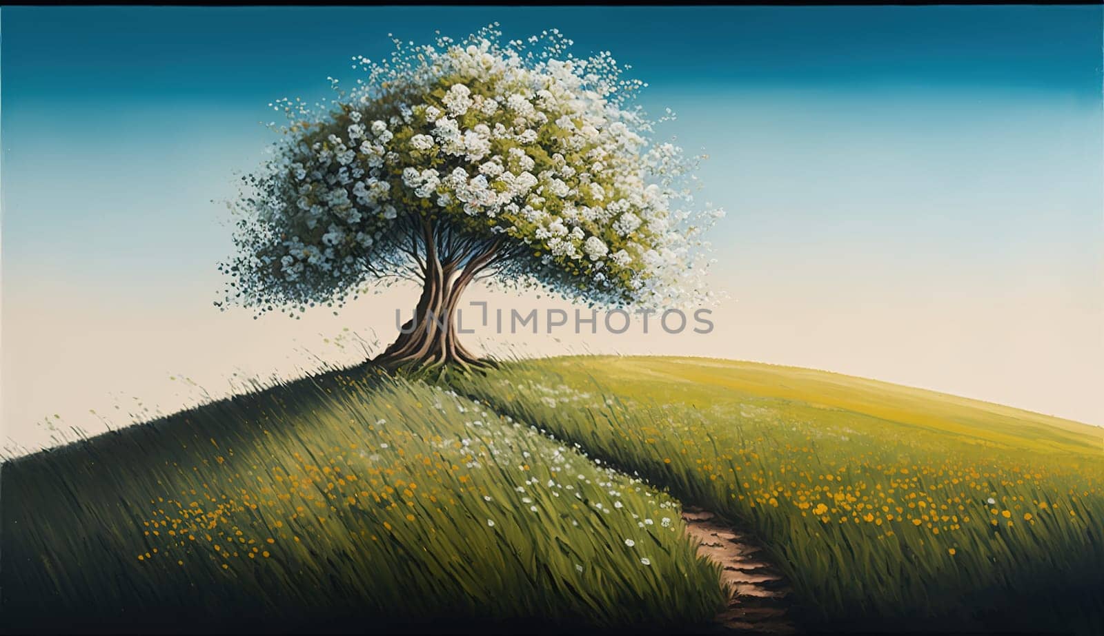 A Refreshing Painting Featuring a Blossoming Tree on a Lush Green Hill in the Spring Season by igor010