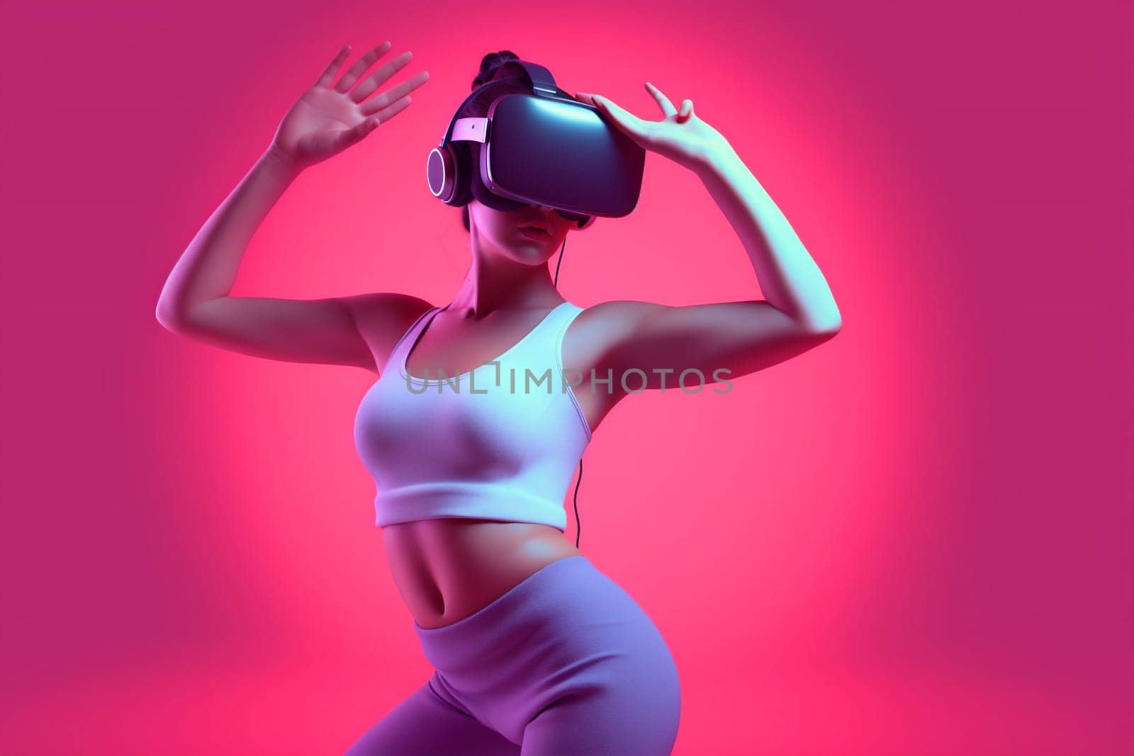 woman floating smart technology neon digital tech gadget colorful virtual vr reality futuristic innovation glasses yoga fly cyber game young sport. Generative AI.