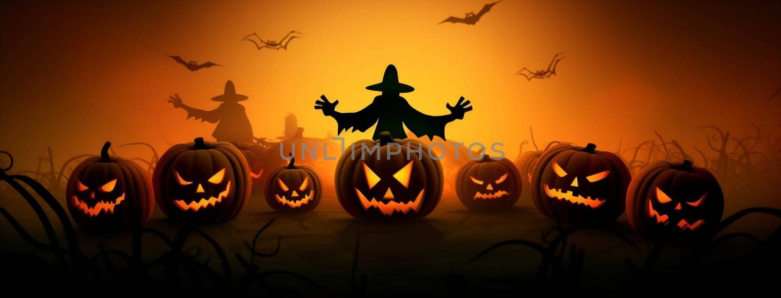 halloween ghost orange fantasy glowing scary creepy night pumpkin moon horror farm lantern evil scarecrow dark black october monster holiday. Generative AI.