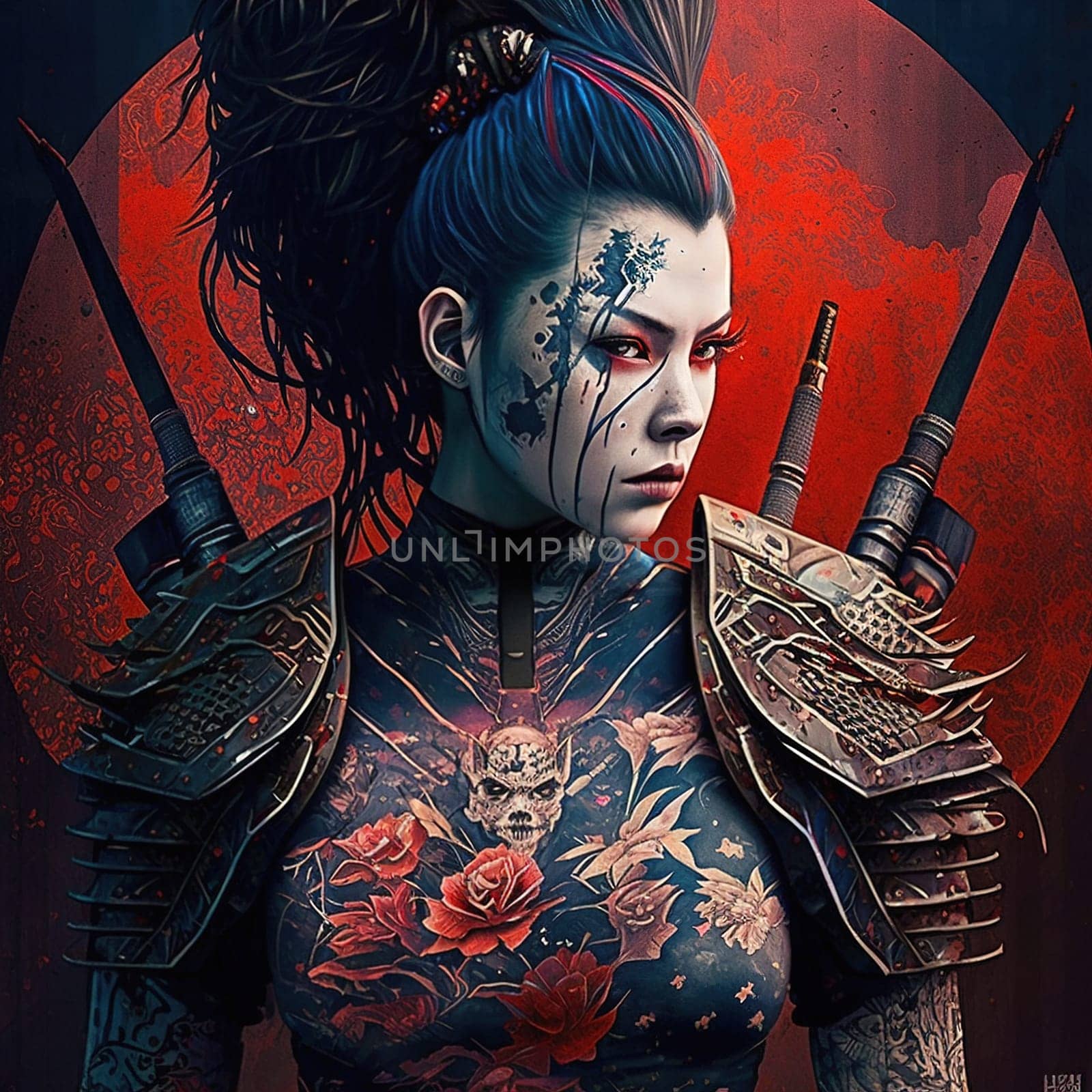 Captivating Cyberpunk Japanese Woman Adorned in Full Yakuza Bodysuit Tattoo with a Samurai Sword Against a Vibrant Red Sky with Influences of Traditional Geisha Culture illustration