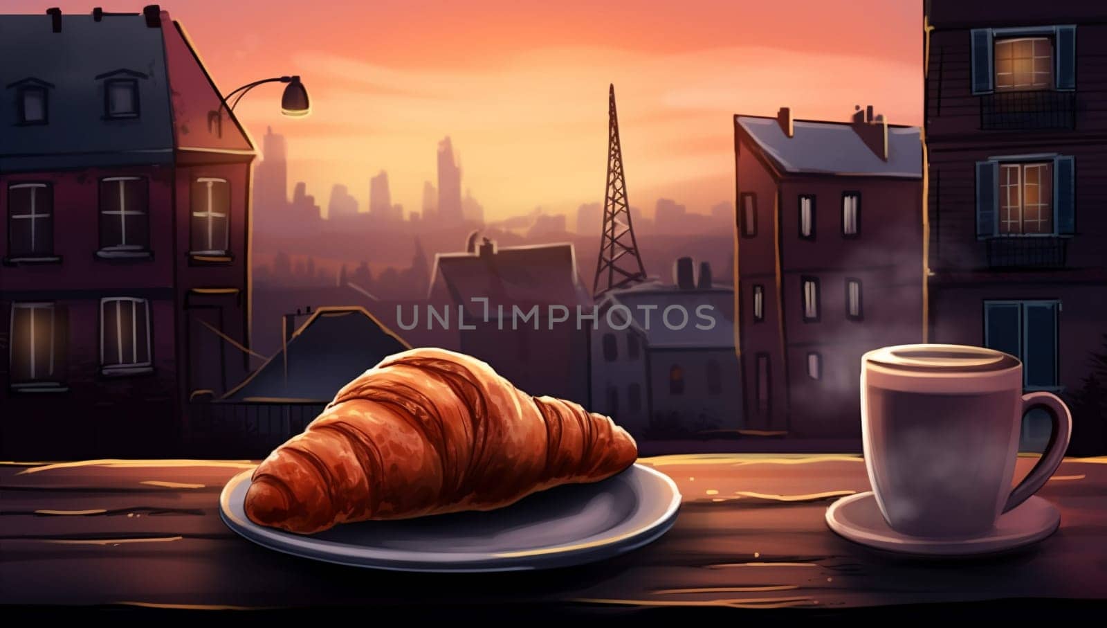 urban cappuccino croissant french paris tower fresh france bar drink cityscape breakfast food nobody bake table bakery hot plate cup. Generative AI.