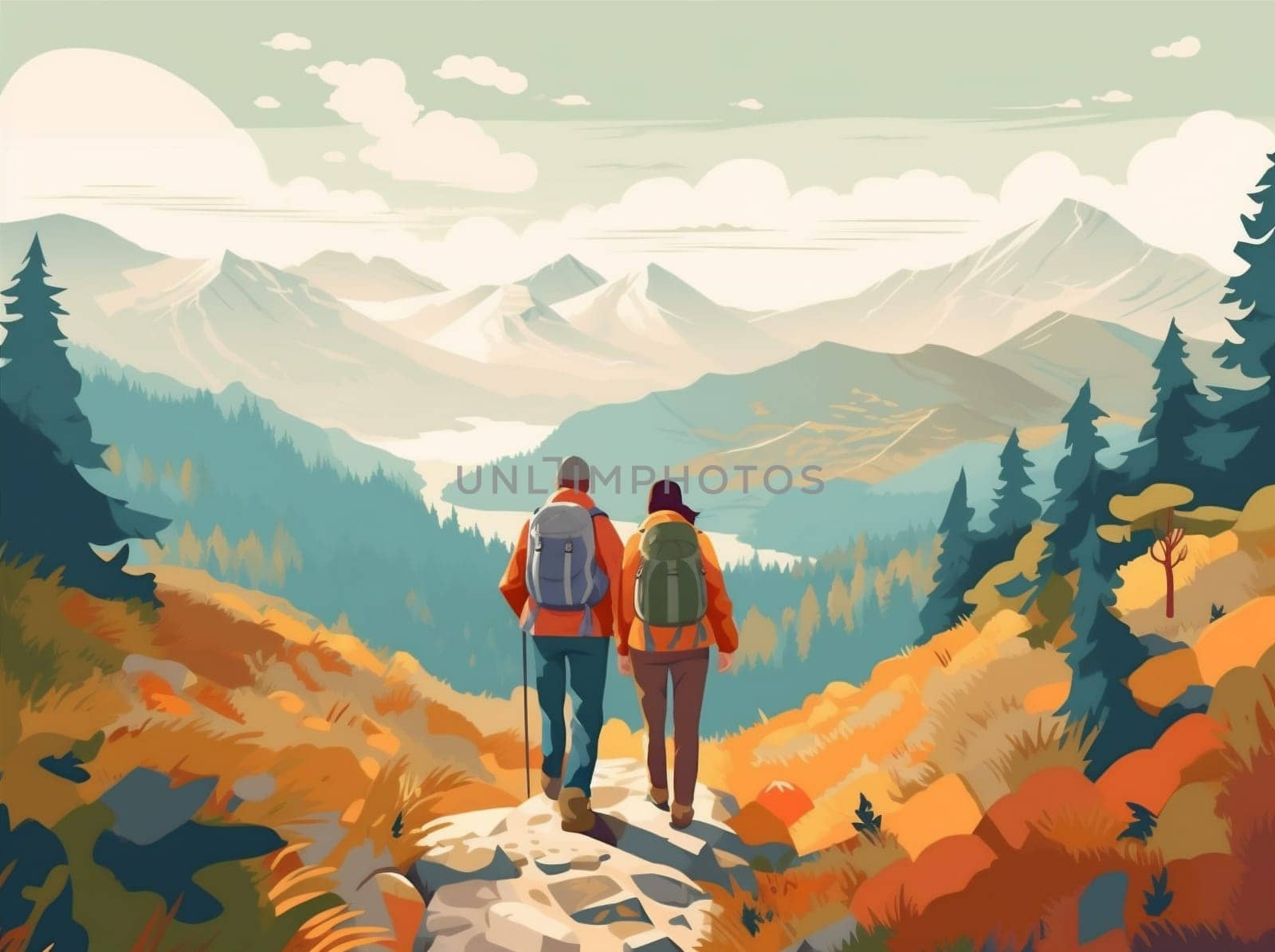 woman man relaxation hike couple nature trekking tent camping forest illustration vacation. Generative AI. by Vichizh