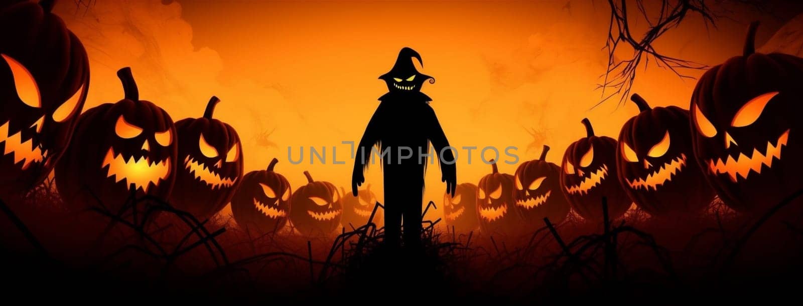 dark black horror pumpkin october night halloween holiday ghost orange. Generative AI. by Vichizh
