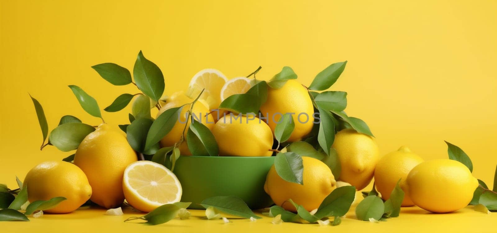 juicy summer natural lemon view fresh yellow fruit healthy background top food. Generative AI. by Vichizh