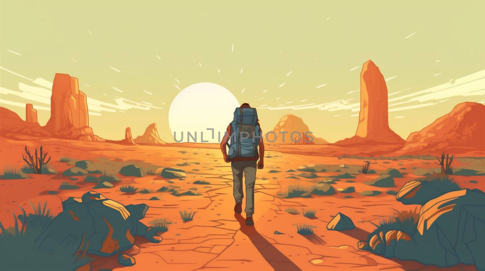 man hiking sky hike journey fiction sunset trekking landscape hiker walking travel adventure desert exploration illustration isolation science trek backpack nature survival. Generative AI.