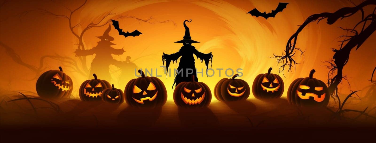 black dark holiday orange pumpkin ghost halloween night october horror. Generative AI. by Vichizh