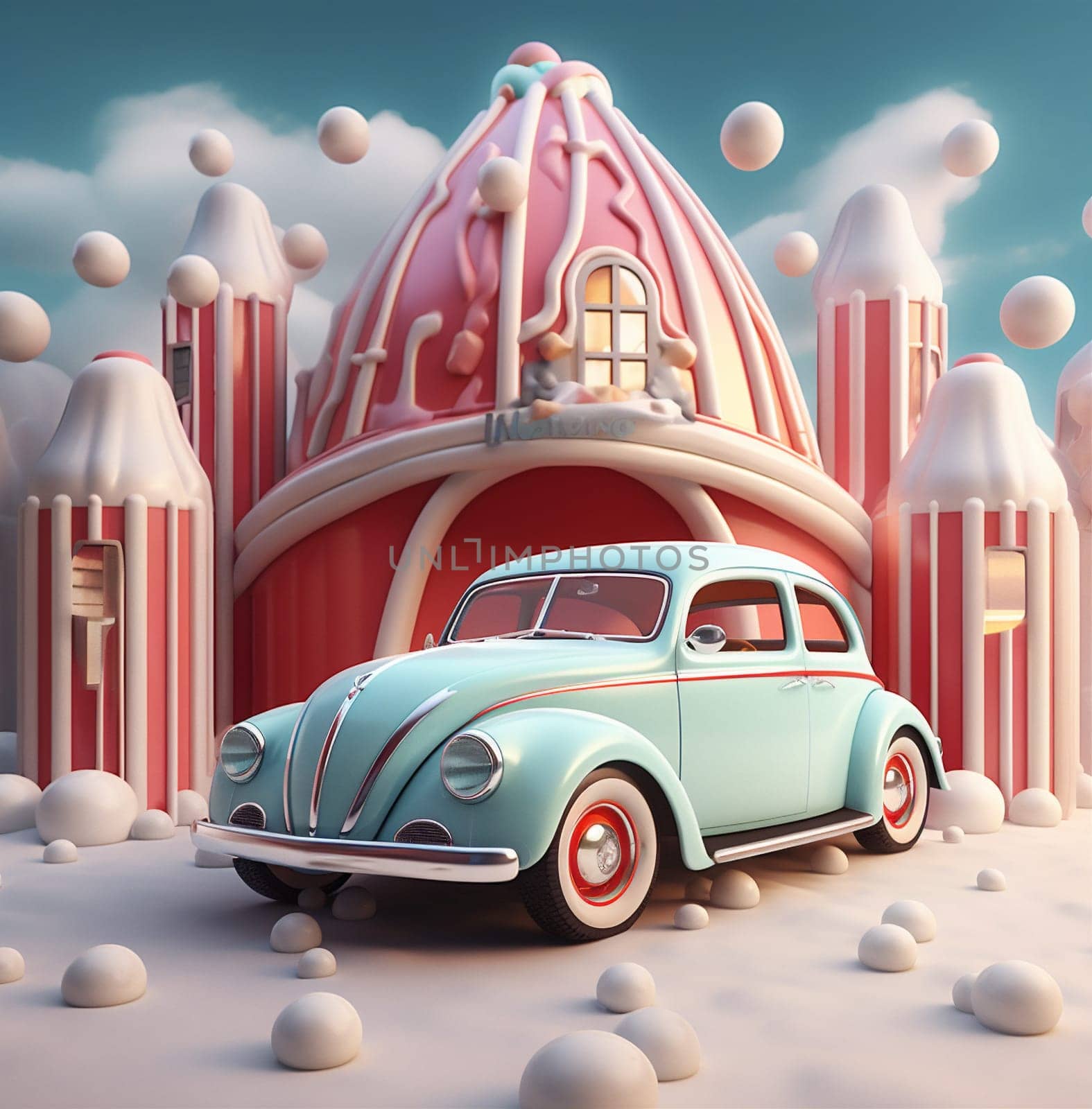 holiday winter retro snow candy festive car christmas merry gift. Generative AI. by Vichizh