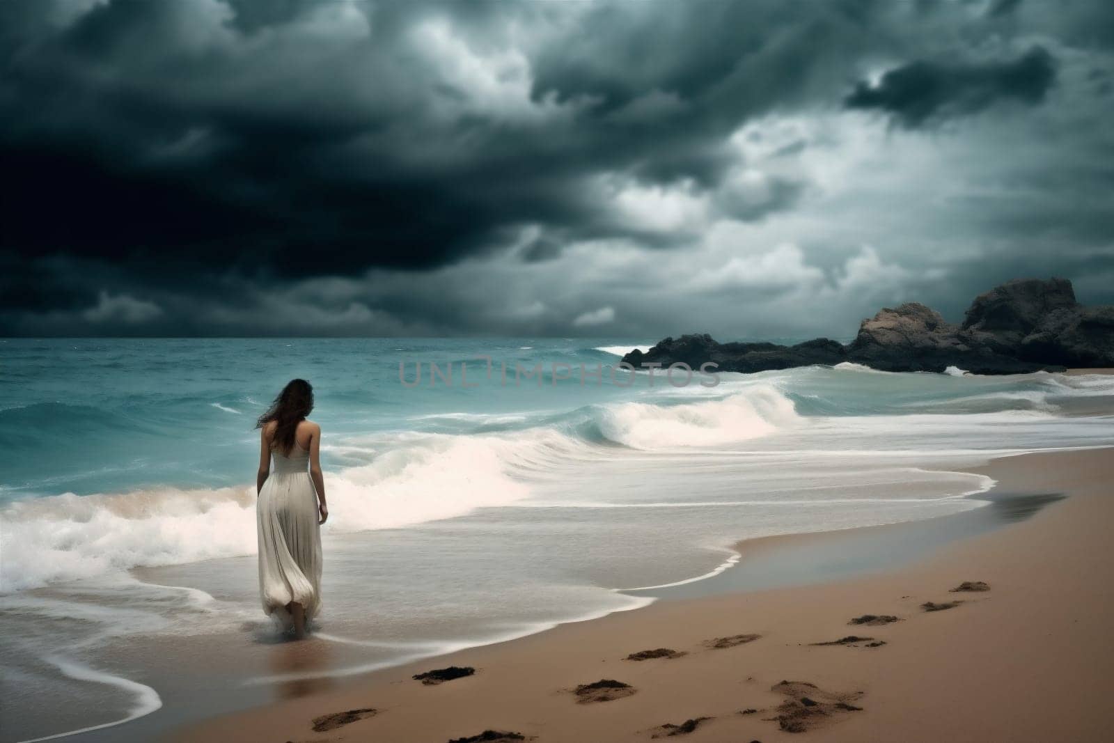 sea woman person ocean landscape nature holiday wedding storm outdoors walking dramatic beach dress fashion summer cloud sky sunlight beautiful lifestyle. Generative AI.