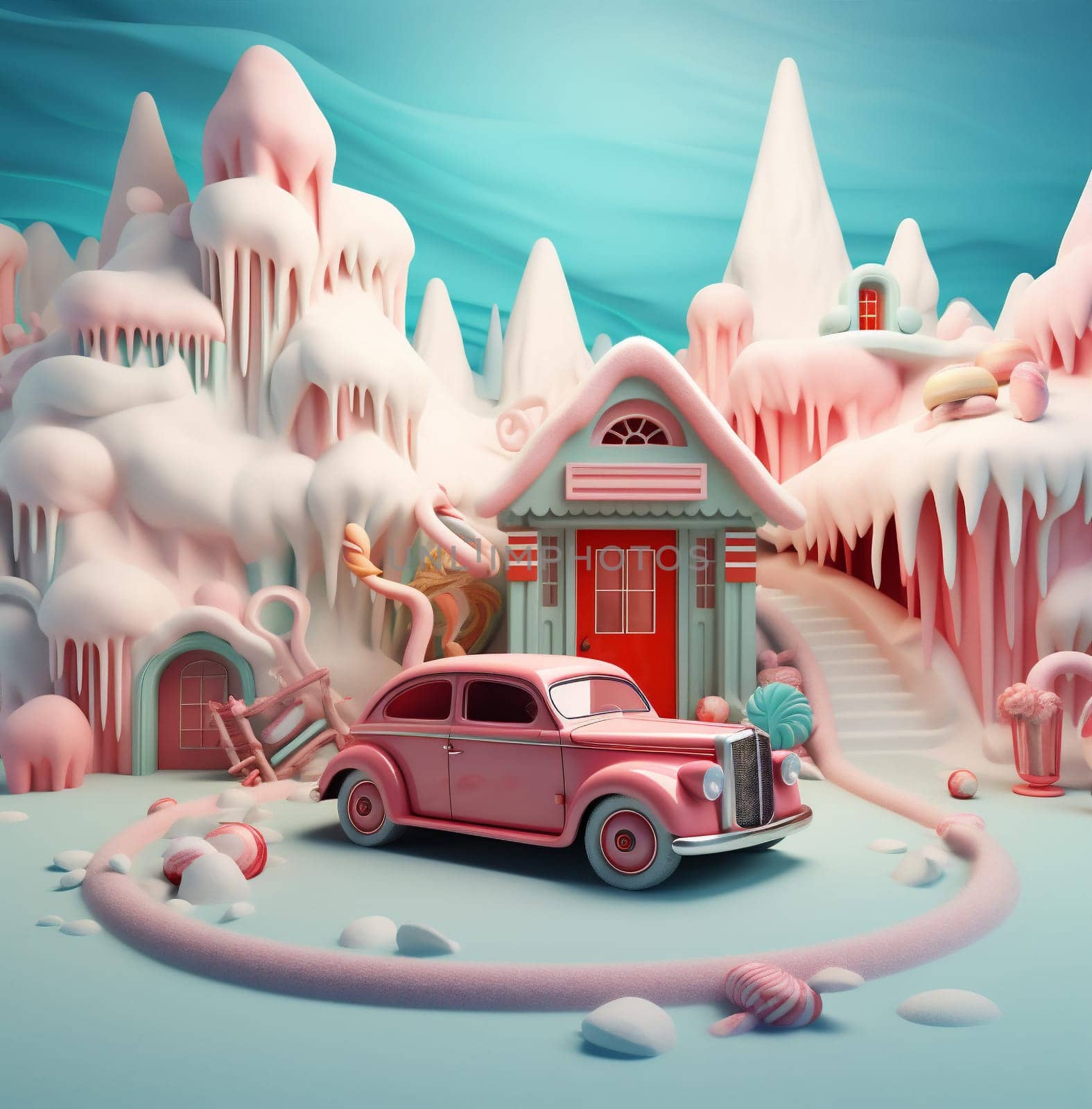 merry festive christmas candy retro winter gift snow holiday car. Generative AI. by Vichizh