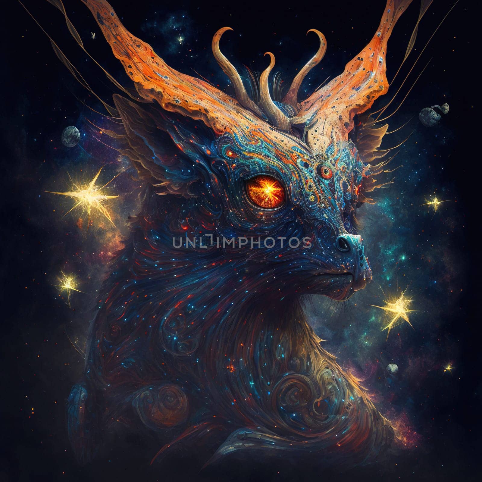 Phantasmagorical Cosmic Creatures and Sparkling Stars illustration