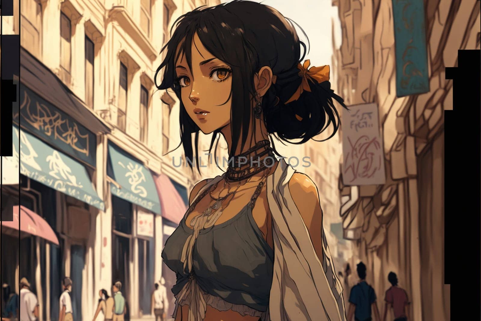 Stunning Indian-inspired Anime Girl with Sleek Black Hair Walking Gracefully on Urban Streets illustration