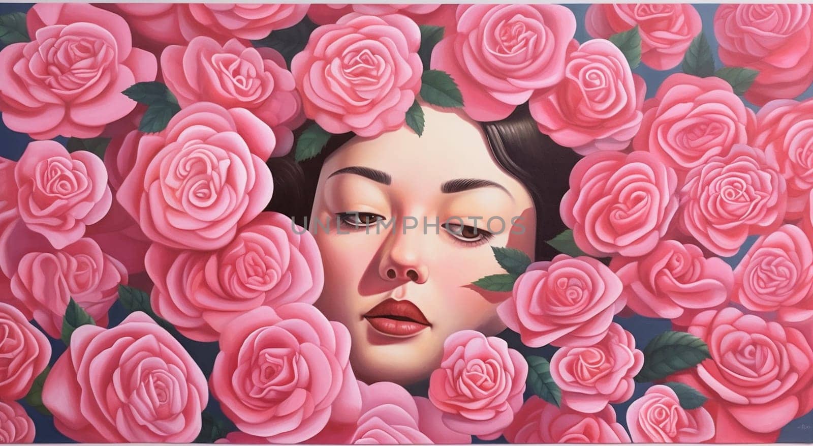 plant woman drawing hair lip beautiful face leaf fashion glamour trendy model flower rose art peony summer lady person beauty style. Generative AI.