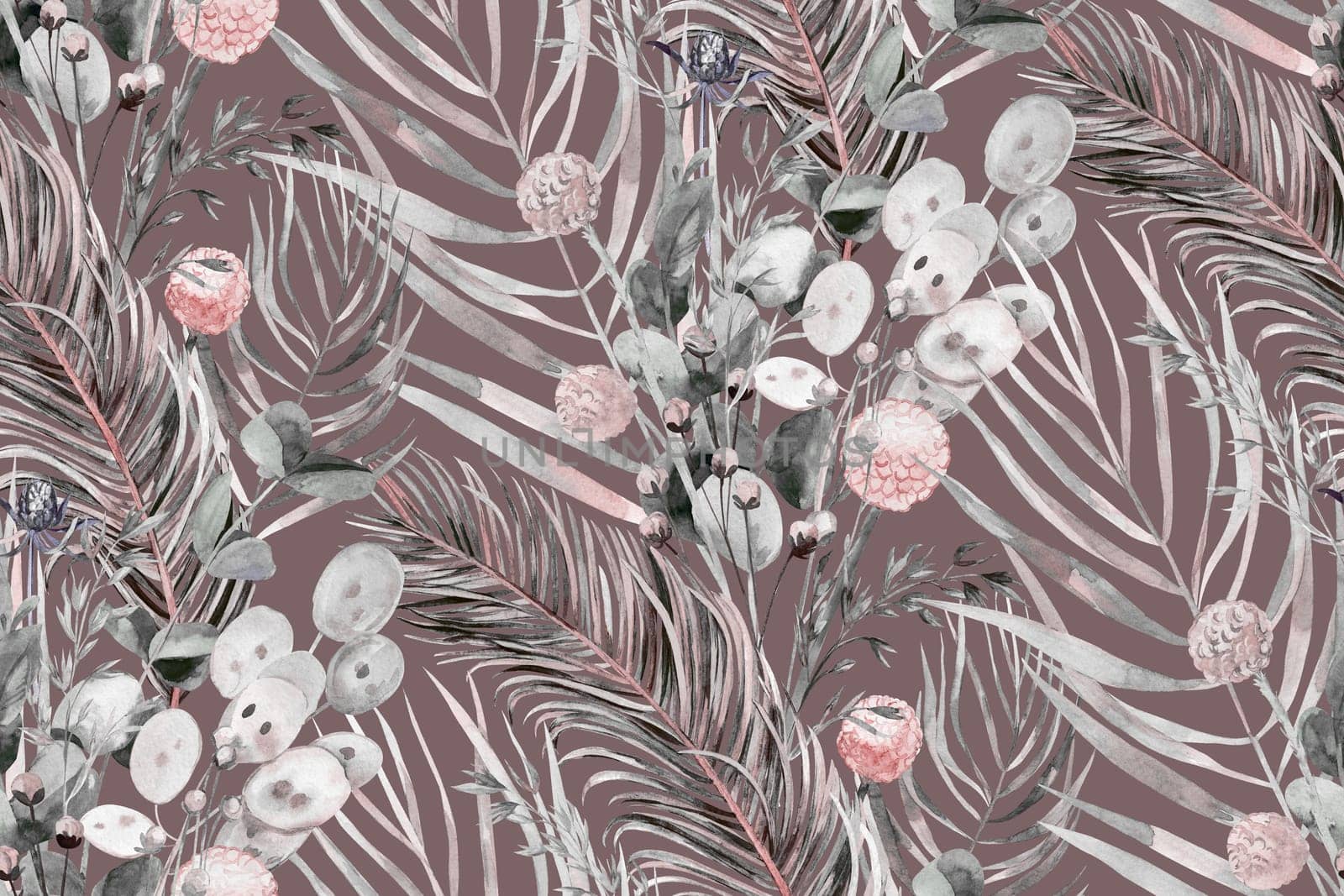 Seamless pattern with herbs and palm leaves and tropical leaves in boho style for textile and surface design