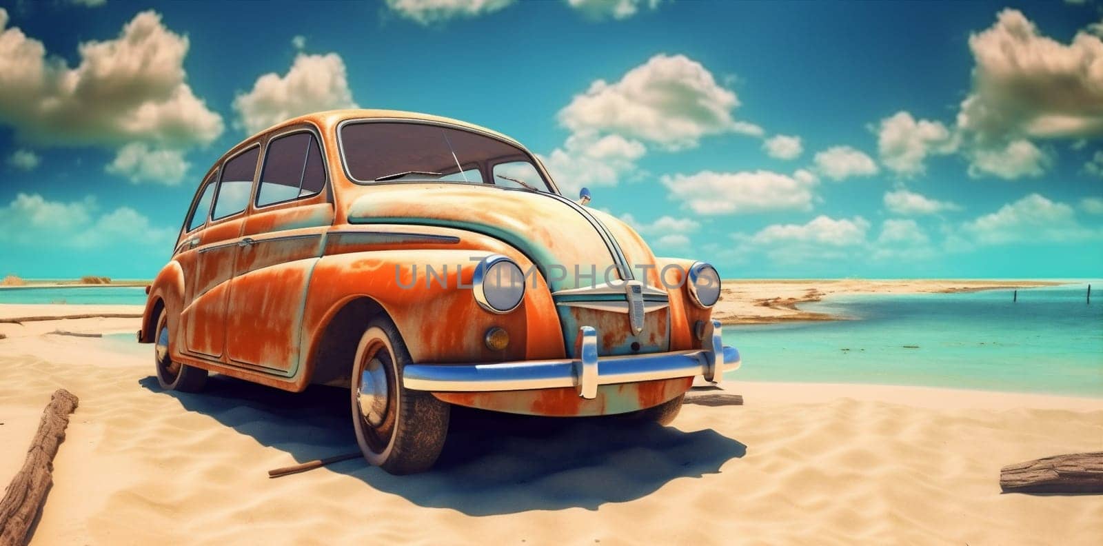 background nature road leisure tree holiday retro tropic palm car beach voyage sun trip tropical vacation drive vintage travel summer. Generative AI.